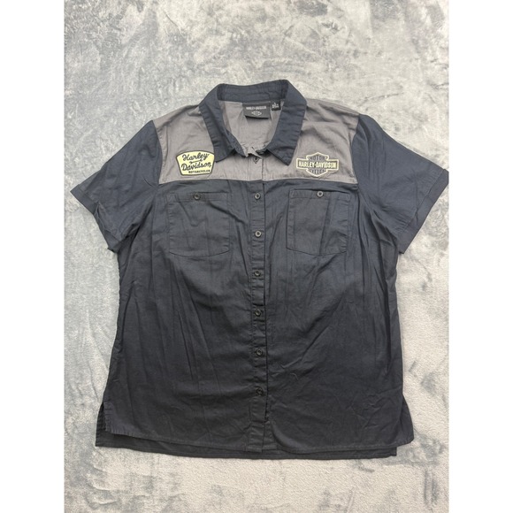 Harley-Davidson Tops - Harley Davidson Shirt women Button Up Two Tone Black Grey Embroidered Patches XL